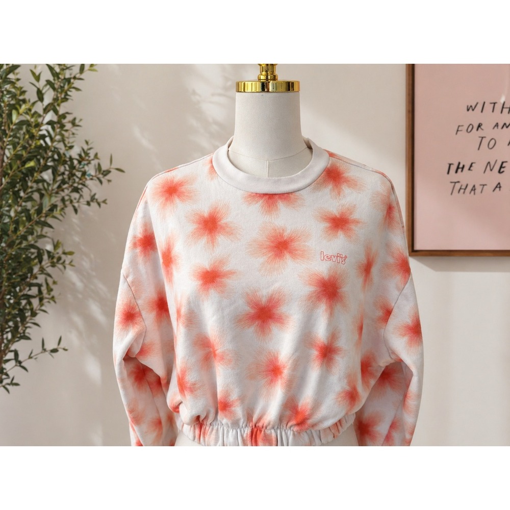 Levi's Cropped Sweatshirt Small Tie Dye Floral Pink White Pullover Logo